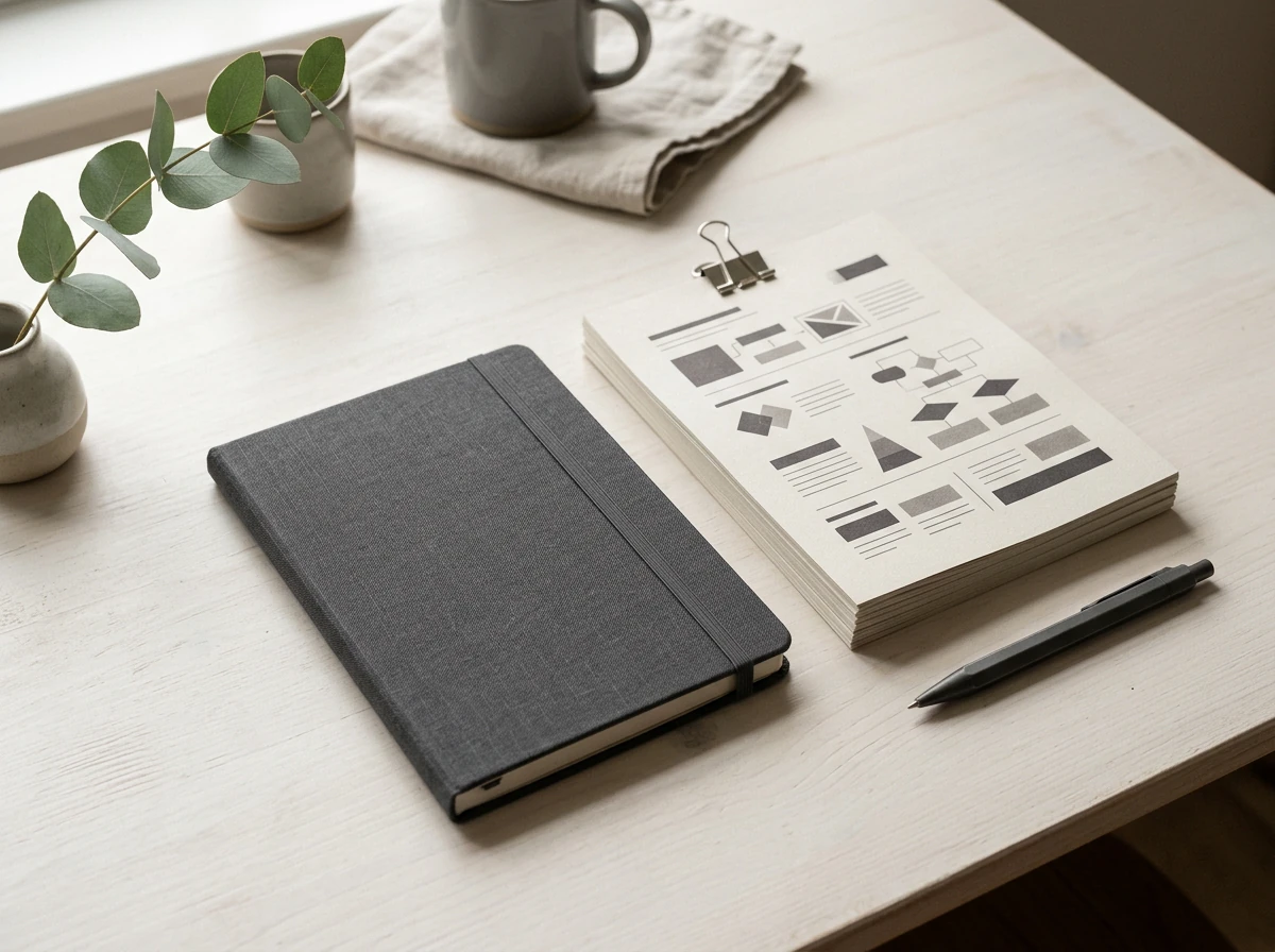 Notebook, printed worksheets and a laptop on a warm desk