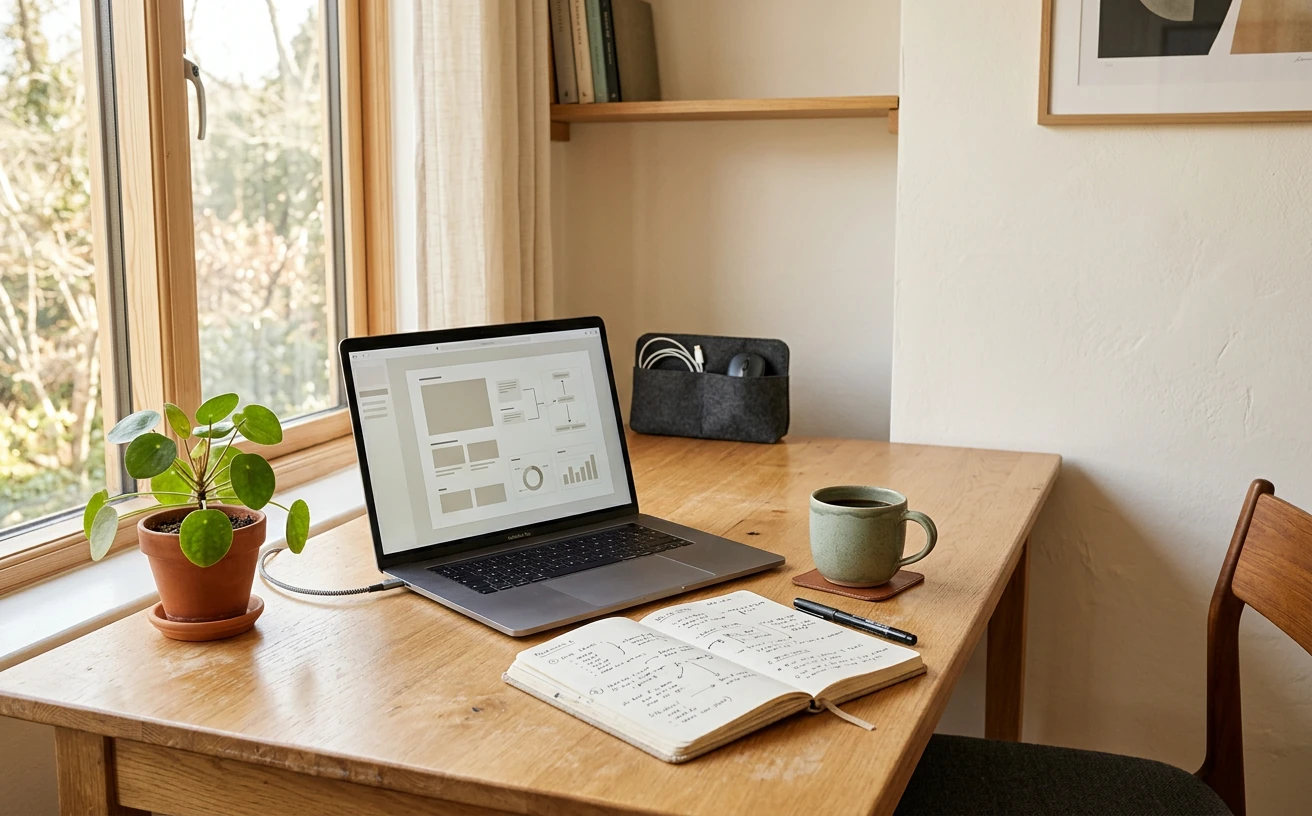 Open laptop, notebook and mug on a warm wooden desk by a window